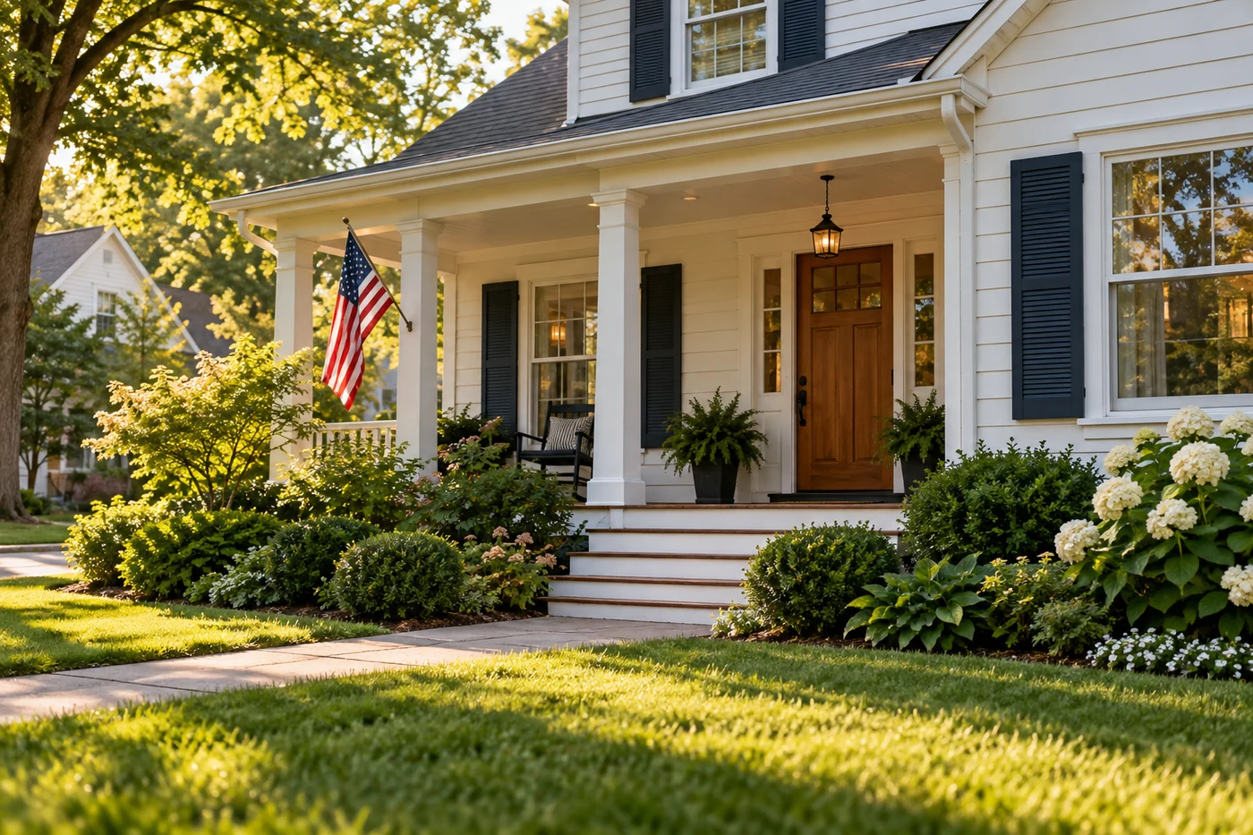 A welcoming home with a front porch and a small American flag